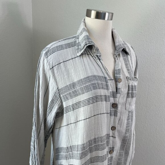Saga Womens OS Made In Italy 100% Linen Striped Long Shirt Tunic Top Button Back - Picture 2 of 12